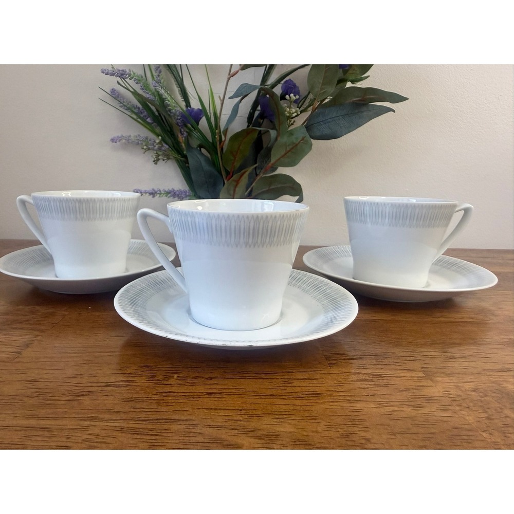 Upsala Ekeby Karlskrona Sweden Teacups Saucers Set Scandinavian Modern Grey